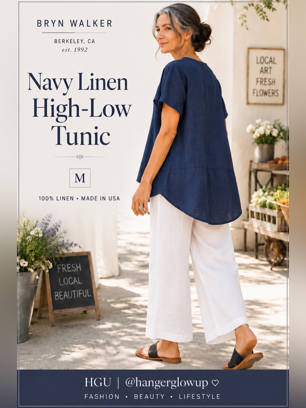 Bryn Walker Navy Linen High Low Tunic Top Made USA Medium 100% Linen